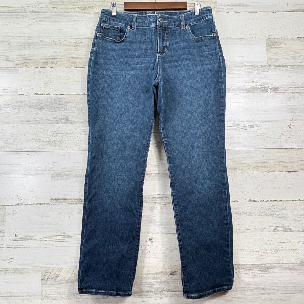 Chicos Platinum Denim Jeans 1.5/US 10 Short Blue Straight Leg Stretch Classic
